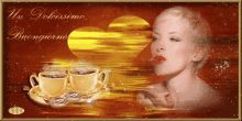 a woman blowing a kiss with two cups of coffee in front of her