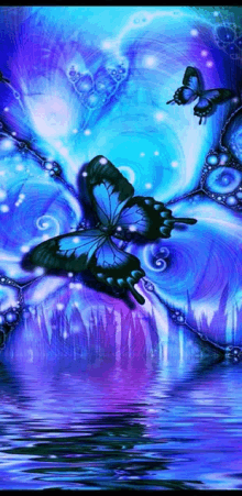 a painting of three butterflies flying over a body of water