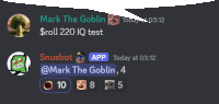 a screenshot of a chat between mark the goblin snusbot and mark the goblin 4