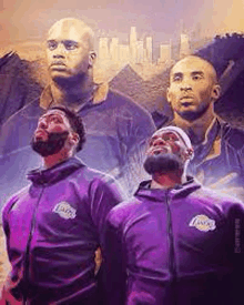 a group of men in purple jackets are standing next to each other and looking up at the sky .