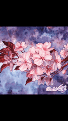 a painting of pink flowers on a purple background with the word colorfully on the bottom