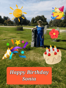 a picture of a woman in a cemetery with the words happy birthday sonia on it