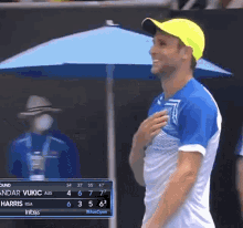 a man wearing a yellow hat stands in front of a blue umbrella and a scoreboard that says sandar vukic