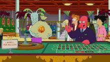 a group of cartoon characters playing roulette in a casino