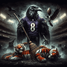 a raven holding a broom and wearing a number 8 jersey