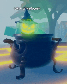 a cauldron with a pumpkin in it and the words witch of halloween on it