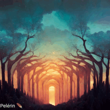 a painting of a forest with the name pelerin on the bottom right