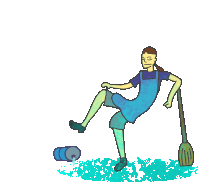 a cartoon drawing of a woman standing on one leg with a broom