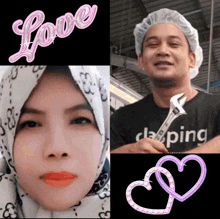 a woman wearing a hijab is next to a man holding a wrench with the word love written above them