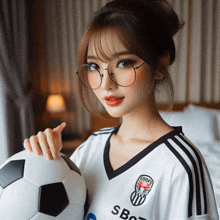 a woman wearing a soccer jersey that says sb on it