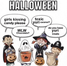 a group of children dressed in halloween costumes are talking to each other