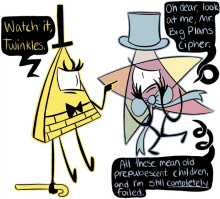 a cartoon of bill cipher talking to a man in a top hat who says watch it twinkles