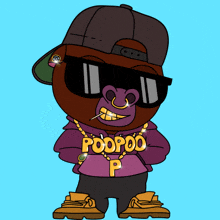 a cartoon character is wearing sunglasses and a necklace that says poopoo p