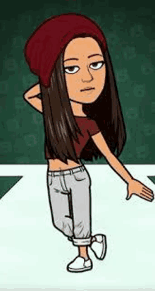 a cartoon girl is wearing a red beanie and a crop top .