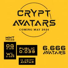 a yellow background with crypt avatars coming may 2024 on it