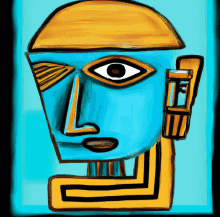 a painting of a blue and yellow face with a large eye on a blue background