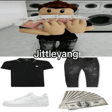 a picture of a person holding a bunch of money with the name jittleyang on the bottom