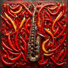 a saxophone is surrounded by red peppers on a red surface