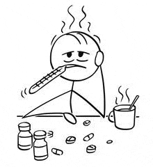 a stick figure is sitting at a table with a thermometer in his mouth and a cup of coffee .