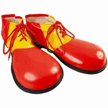 a pair of red and yellow clown shoes with laces