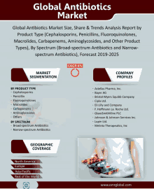 an advertisement for the global antibiotics market shows a person holding a packet of pills