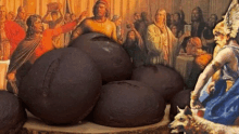 a painting of a man standing in front of a bunch of balls