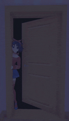 a girl is peeking out of a door in a dark room