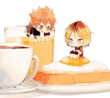 a couple of anime characters sitting on top of a slice of bread next to a cup of coffee .