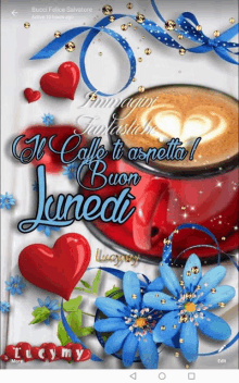 a picture of a cup of coffee with blue flowers and hearts