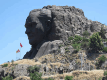 a large statue of a man 's head is on top of a hill