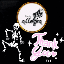 a skeleton is standing next to a thank you message