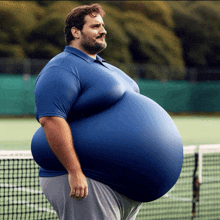 a man with a very large belly wearing a blue shirt