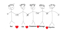 a drawing of five stick figures with the names rai kin casanova emregr and nyxtro on the bottom