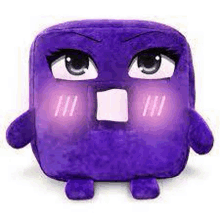 a purple stuffed animal with big eyes and a surprised look on its face .