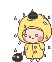 a little girl in a yellow raincoat is standing next to a black cat in the rain .