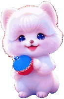 a white animal with blue eyes is holding a blue and red item