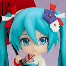 hatsune miku is holding a red umbrella and wearing a flower in her hair .