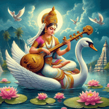 a painting of a woman playing a musical instrument while sitting on a swan