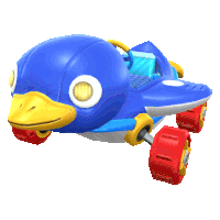 a blue toy car with red wheels and a yellow head