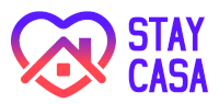 a logo for stay casa with a heart and a house