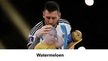 a picture of a man holding a trophy with the word watermeloen below it