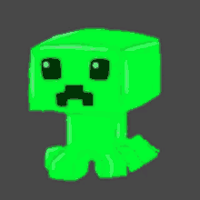 a green minecraft creeper with a sad face is sitting down on a gray background .