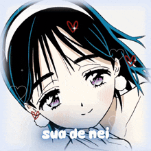a drawing of a girl with blue hair and the words sua de nei