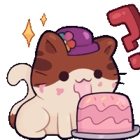 a cartoon cat with a purple hat is eating a pink cake