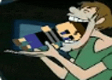 shaggy from scooby doo is holding a tray with a skull in his mouth .