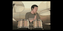 a cartoon of a man playing a drum set with a drum stick in his mouth