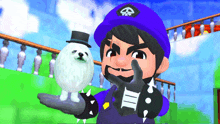 a cartoon character in a purple hat is holding a stuffed animal in his hand