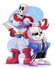 a cartoon drawing of papyrus and sans standing next to each other on a blue background