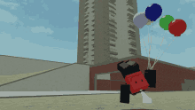 a cartoon character holding a bunch of balloons in front of a tall building