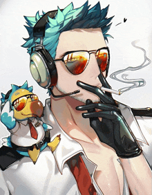 a man wearing headphones and sunglasses smoking a cigarette next to a bird